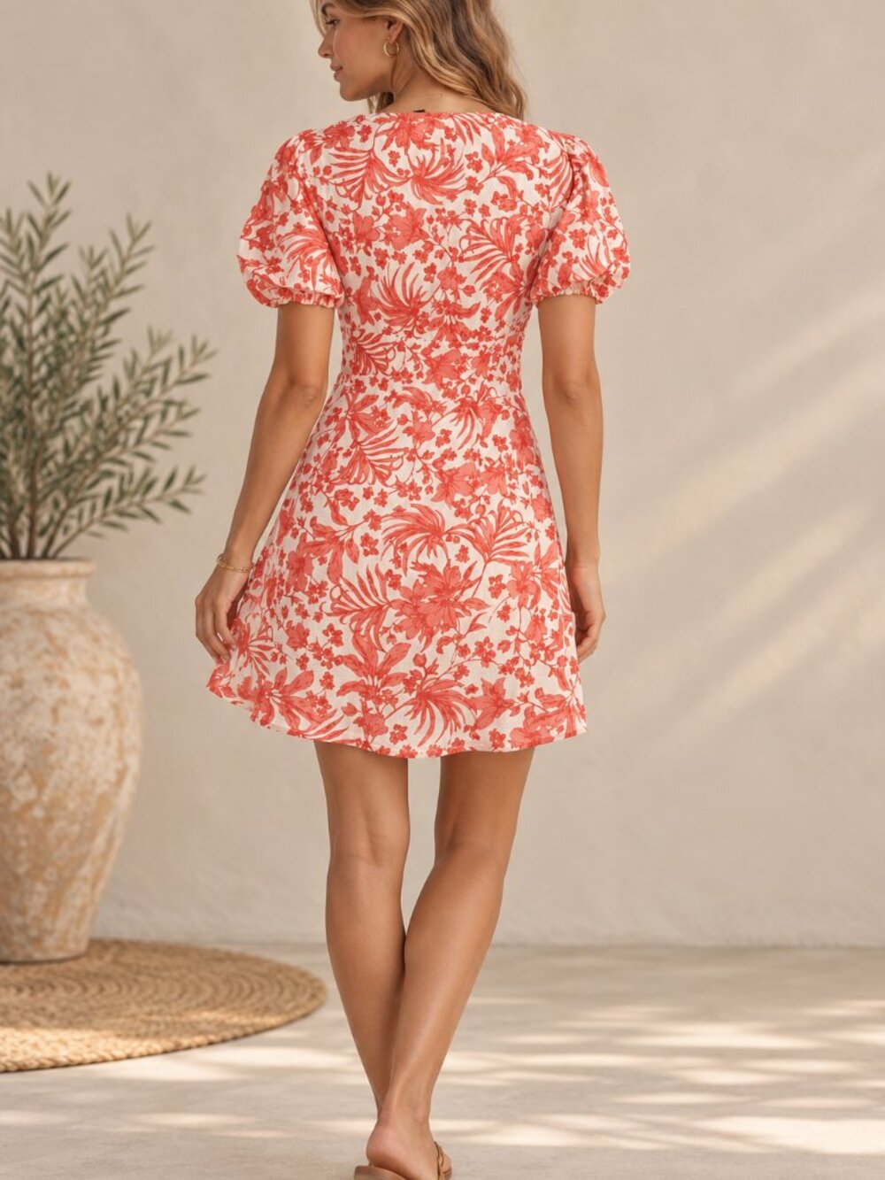 AQUA Coral Botanical Puff Sleeve Square Neck Mini Dress Size S - Picture 2 of 7